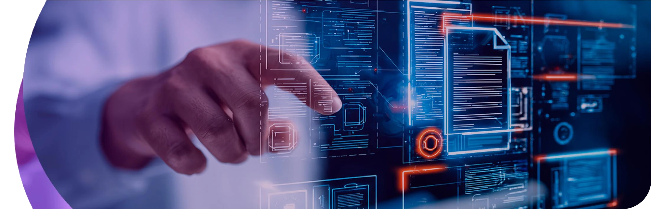 Hand touching a digital interface with business documents